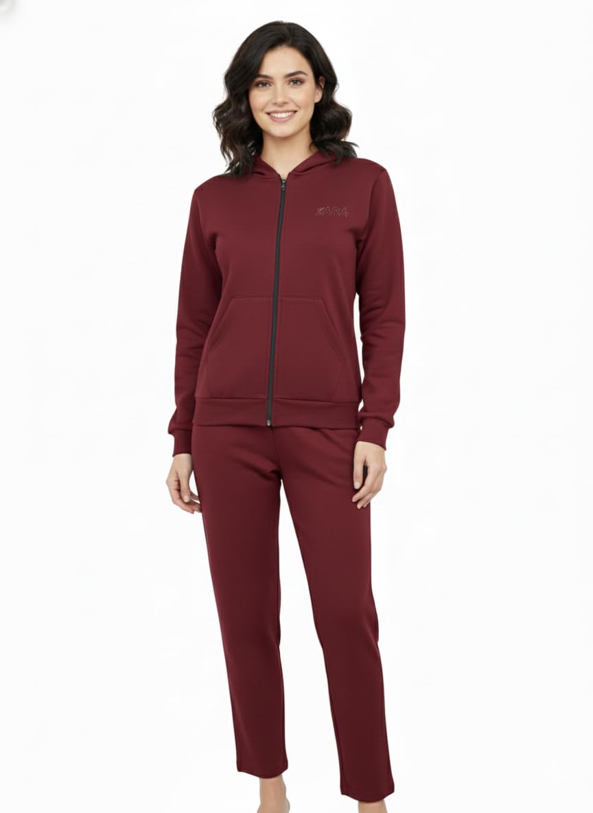 Women's Brown Tracksuit Set, Zip-Up Hoodie with Jogger Pants, Long Sleeve (IN, Alpha, L, Regular, Maroon)-picture-30