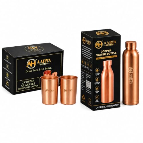 Image of Pure Plain Copper Water Bottle (950ml) with 2 Copper Glasses (300ml) Combo Set | High-Grade Pure Copper | Gifting Item for Festival, Wedding, Birthday & Corporate Gifting | PURE LIVING.