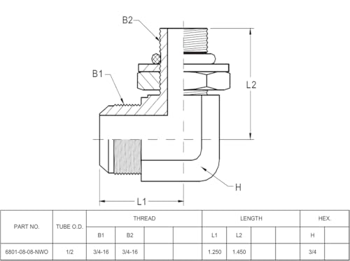 Image of (2-PACK) 6801-08-08-NWO Hydraulic Hose Adapter Fitting 1 /2 inch Male JIC 37 Flare(3 /4 inch-16UNF)x1 /2 inchMale Adjustable Nut O-Ring Boss(3 /4 inch-16UNF) 90Elbow SAE Pipe Joints Connector Carbon Steel