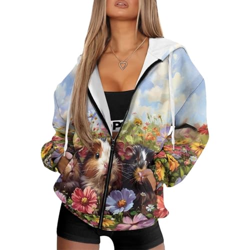 Xoenoiee Lässiger Kapuzenpullover für Damen, mit Reißverschluss, langärmelig, übergroß, mit Tasche, modische Outfits, Y2K-Jacke, Meerschweinchen und Blumen, S Xoenoiee Lässiger Kapuzenpullover für Damen, mit Reißverschluss, langärmelig, übergroß, mit Tasche, modische Outfits, Y2K-Jacke, Meerschweinchen und Blumen, S