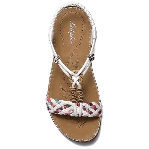 Image of Littleplum Women Sandals Arch Support Handmade Bohemian Braided Flat Sandals Comfort Walking Beach Ankle Elastic Summer Shoes