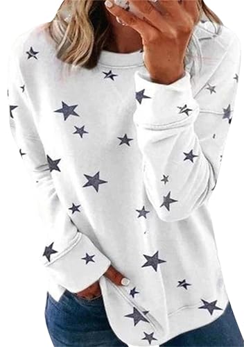 ZICUE Damen Pullover Leicht Locker Mit Rundhalsausschnitt Langärmelig Mit Stern Print Elegant Weiß XXL ZICUE Damen Pullover Leicht Locker Mit Rundhalsausschnitt Langärmelig Mit Stern Print Elegant Weiß XXL