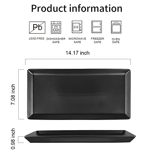 Koov Ceramic Serving Tray, 14 Inches Large Serving Platter, Rectangular Serving Tray, Porcelain Serving Plates, Ceramic Serving Dishes For Dinner, Party, Sushi, Dessert, Food, Set Of 4 (Matte Black) #TOP4