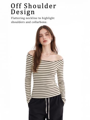Image of Women Off Shoulder Striped Long Sleeve Top 2026 Fall Going Out Tee Shirts