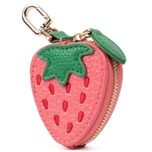 Cute Fruit Coin Purse Bag Charm,Mini Leather Coin Change Purse & Pouch Holder Keychain Charm for Handbag Tote Wallet Airtag Accessories,Kawaii Fruit Bag Charms for Girl Women Pink Strawberry