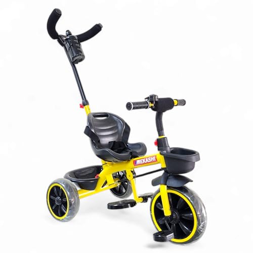 Image of MEKASHI Kids Tricycle for 1-6 Years with Parent Push Handle, EVA Wheels, Safety Guard, Front & Rear Storage Basket, Footrest, Bottle Holder, Yellow