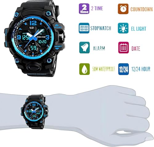 LYMFHCH Men's Analog Sports Watch, LED Military Digital Watch Electronic Stopwatch Large Dual Dial Time Outdoor Army Wrist Watch Tactical