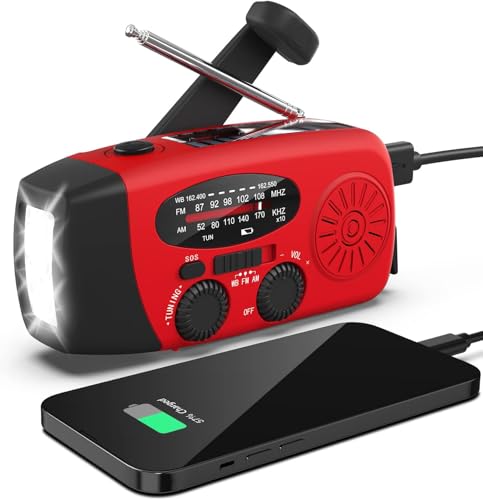 Wind Up Solar Radio, Solar Hand Crank AM/FM Emergency Radio, SOS Alarm with LED Torch, 2000mAh Rechargeable Power Bank USB Phone Charger for Household and Outdoor Camping, Hiking