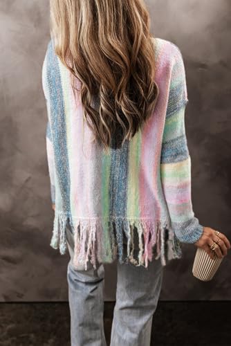 Women's Purple Color Block Fringed Tunic Sweater - Ombre Design3