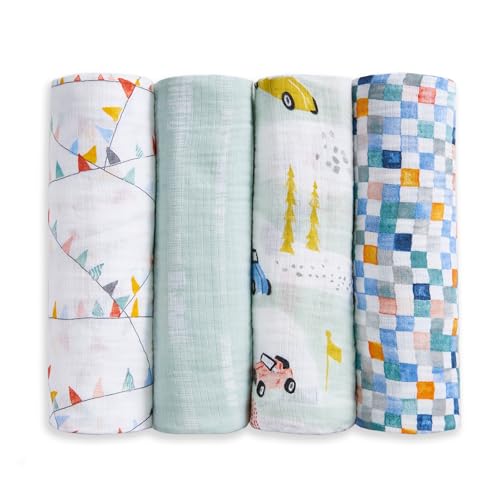 Image of aden + anais Essentials Cotton Muslin Swaddles, Breathable Baby Blanket, Ideal for Boys, Girls, Newborns, Babies & Infants, Receiving Blanket, Soft and Lightweight Wrap, 4 Pack, Vintage Car Rally