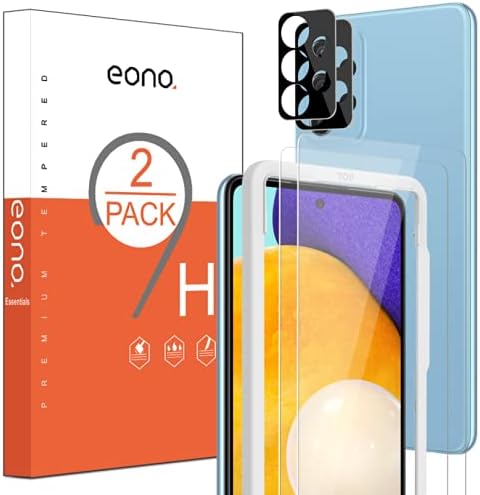 Amazon Brand-Eono 2 Pack Screen Protector and 2 Pack Camera Lens Protector Compatible with Samsung galaxy A52 4G, A52 5G and A52s 5G Tempered Glass, HD Clarity, Anti-Scratch, Alignment Frame