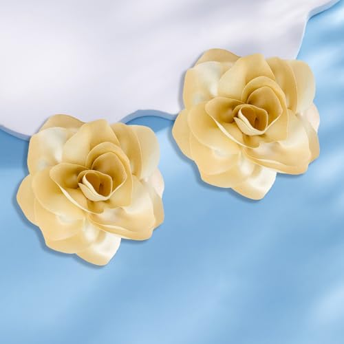Image of 2Pcs 5in Dainty Satin Fabric Flower Brooch Extra Large Rose Camellia Flower Brooches Lapel Pins for Women Wedding Party Dance Banquet Clothes Jewelry Accessories