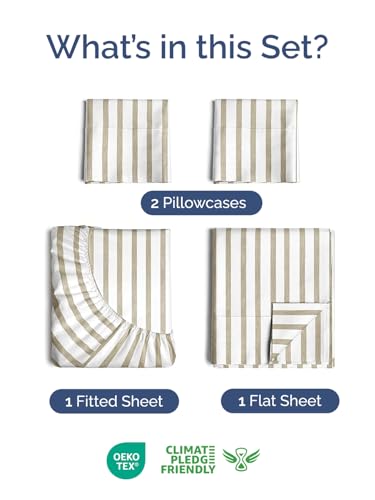 Image of Extra Deep Twin Sheet Set - 4 Piece Breathable & Cooling - Beige Stripes | Hotel Luxury Bed Sheets Set, Easy & Secure Fit, Ultra-Soft, Wrinkle & Fade Free, Comfy Sheets Set with Extra Deep Pockets
