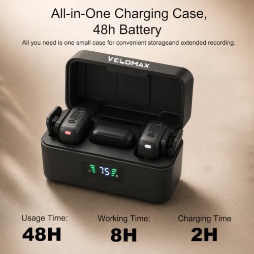 Image of VELOMAX Mic for YouTube Wireless, 3-Level Adjustable Noise Reduction Mics Wireless with Magnetic Clip, Type-C with 2 Mics & Charging Case, 164FT Range, 64H Battery for Creators and Vloggers