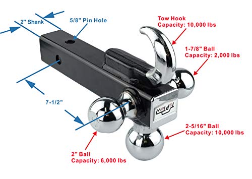 TOPTOW 64180L Trailer Receiver Hitch Triple Ball Mount with Hook, Fits for 2 inch Receiver, Chrome Balls, 2 inch Shank, with 5/8 inch Lock - Thumbnail 4