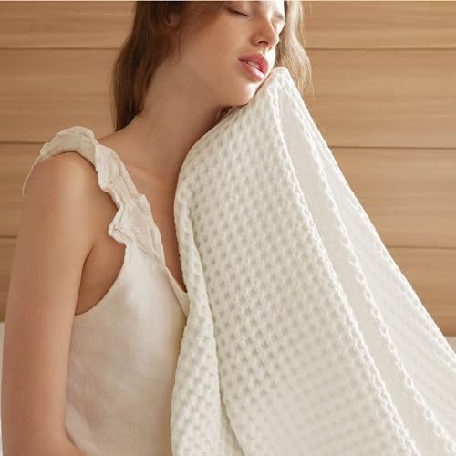 Bedsure 100% Cotton Throw Blanket for Spring Summer, Ultra Soft Waffle Weave Ivory Blanket for Couch Sofa Chair, Thin Lightweight Breathable Bedding Gifts for Women, Men, Teens, 50"x70"