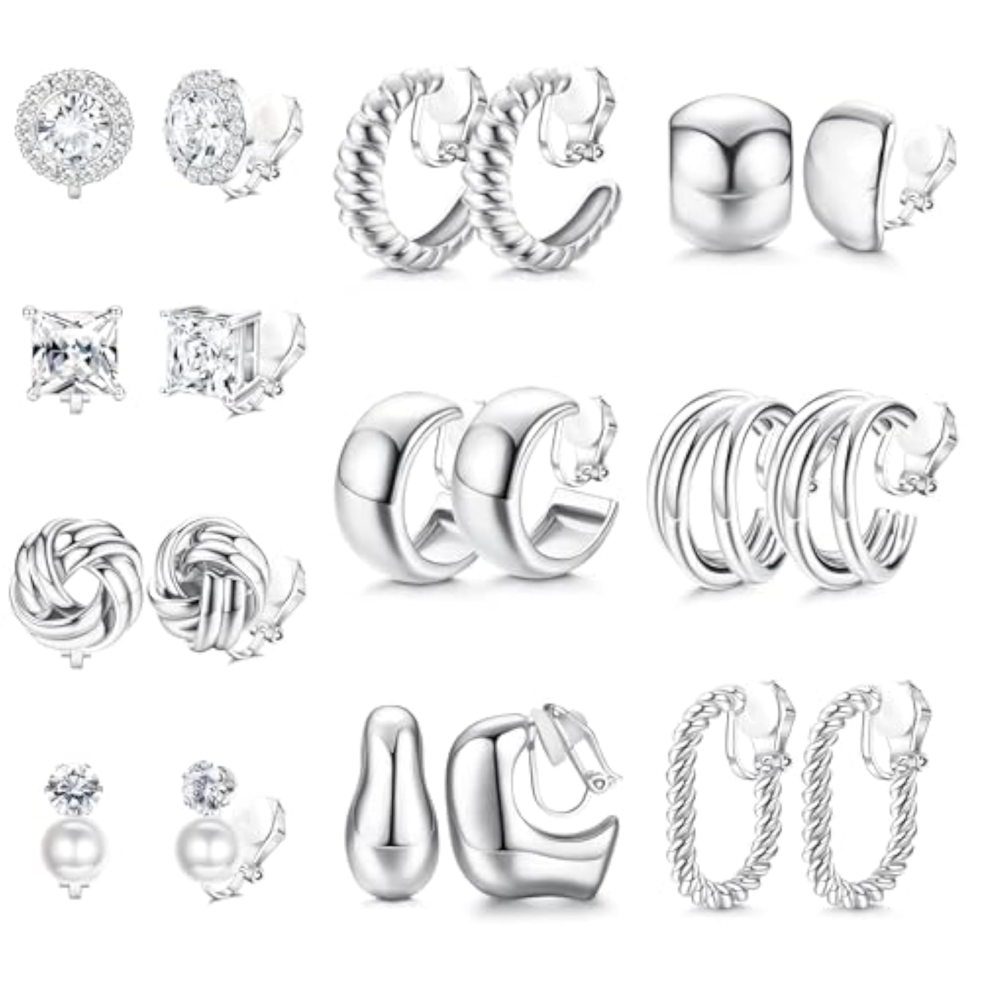 Women's 14K Gold Plated Clip-On Hoop Earrings Set, 10 Pairs