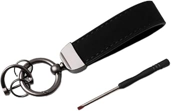 Black Leather Keychain Strap for Car Key Fobs, Metal Key Holder with Detachable Valet Clip, Universal Keychain for Men