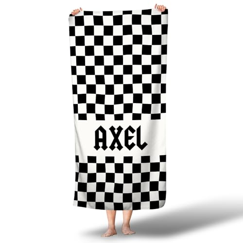Black Checkered Custom Name Rocker Towel Personalized Beach Towel Boys Name Pool Towel