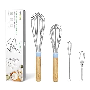 Stainless Steel Wire Whisks Set- 10″ 12″ Balloon Egg Beaters with Sealed Solid Wooden Handle + 5″ 7″ Mini Whisks – Kitchen Whisks for Cooking- Pastel Blue- 4 Piece