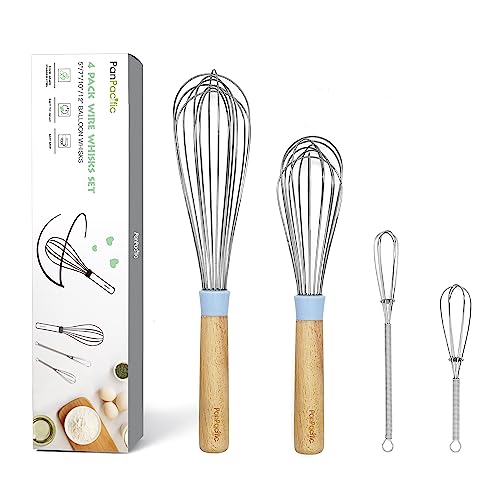Stainless Steel Wire Whisks Set- 10″ 12″ Balloon Egg Beaters with Sealed Solid Wooden Handle + 5″ 7″ Mini Whisks – Kitchen Whisks for Cooking- Pastel Blue- 4 Piece