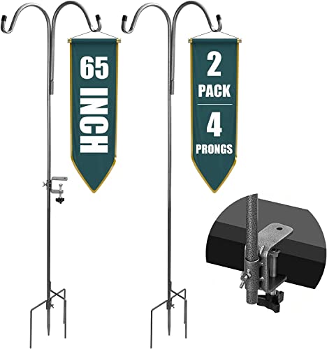 Boweiti 65'' Shepherds Hooks, 2-Pack Adjustable 2-Sided Bird Feeder Pole W/4 Base Prongs, Garden Pole For Bird Feeder, Plant Baskets, Decor, Garden Plant Hanger Stands (Silver, 2Pcs Thicked) #TOP13