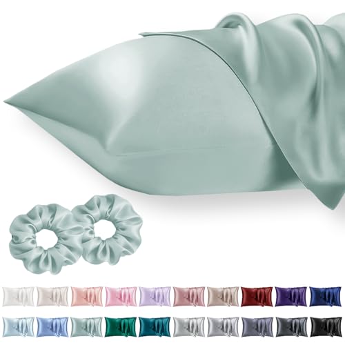 Vielit Standard Satin Pillowcase for Hair 2pc,Similar to Silk Pillow Cases,Easier Care Than Silk Pillowcase,Gifts for Women Men,Sage Green,20x26 & Envelope Closure and 2 Satin Scrunchies