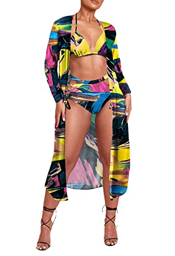 Viottiset Women's Printed 3 Pieces High Waist Bikini Maxi Swimsuit Cover up
