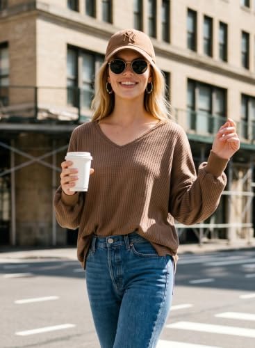 Image of Dokotoo Womens Waffle Knit Tops Trendy Fashion 2026 Oversized T Shirts | Lightweight,V Neck,Casual,Batwing Sleeve,Loose Fit,Irregular Hem,Boyfriend Style,Oversized,Fall Outfits