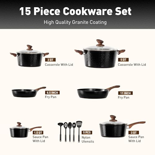 DishDelight 15pcs Induction Hob Pan Set Hammered Pots and Pans Sets Non Stick Saucepan Set Frying Pan Kitchen Cookware Cooking Pot with Lids - Image 3