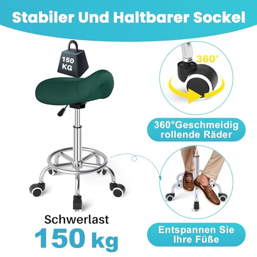 Sattelhocker Ergonomisch - Bequemer Sattelstuhl mit einem breiten Sattelsitzkissen, drehbarer, verstellbarer Sattelhocker mit Rollen und Ringpedal für Medizin,Massage, Salon, Schwarz & Grün Set
