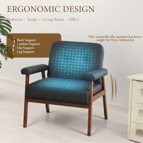 Image of Upholstered Accent Chairs Set of 2, Black Leather Chair | Wood Frame, Reading Arm Chair, Mid-Century Modern, Comfy, Living Room, Waiting Room