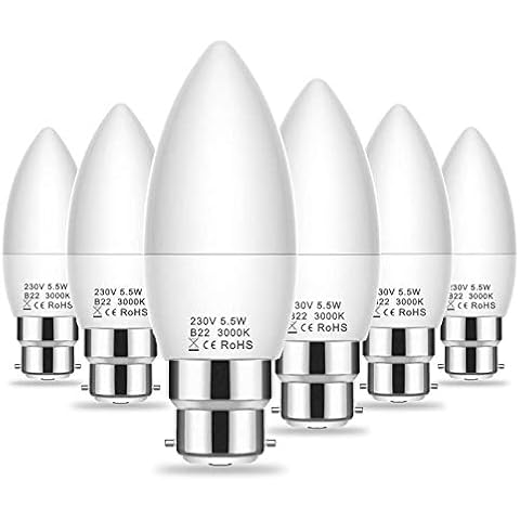 LOHAS B22 LED Candle Bulb Bayonet Cap, 500LM, 5.5W B22 Candle Light Bulb, 60W Incandescent Bulb Equivalent, Warm White 3000K, Non Dimmable, 180 Degree Beam Angle, 6 Pack Cover
