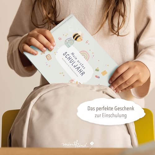 mintkind® Erinnerungsbuch Einschulung Beige – Mein erstes Schuljahr für Kinder – Einschulungsbuch DIN A5 mit Fragen, Malvorlagen & Rätseln – Hardcover Album Schule – 60 Seiten Fadenheftung