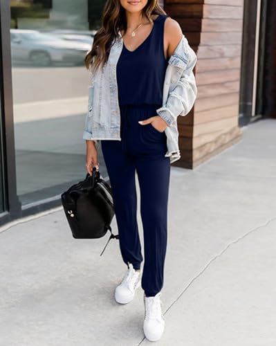 KIRUNDO Women 2026 Summer Jumpsuits Casual Sleeveless Drawstring Elastic Waist Romper Vacation Cruise Airport Travel Outfits(Navy, X-Large) — view 4