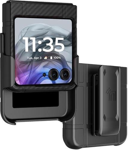 Case with Clip for Motorola RAZR (2026/2025/2024) Flip Phone, Nakedcellphone Textured Slim Hard Shell Cover and [Rotating/Ratchet] Belt Hip Holster Holder Combo - Black Carbon Fiber Design