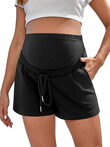 Image of OYOANGLE Women's Maternity Drawstring Waist Straight Leg Pregnancy Shorts with Pocket Black XL