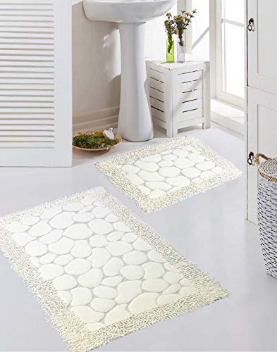 CARPETIA Badematten Set 2-teilig - waschbar - Steinoptik cremefarben, Größe 50x60cm + 60x100 cm