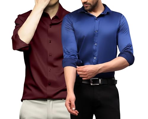 Image of DEELMO Combo of Men's Stylish Solid Satin Casual Shirt for Men Full Sleeves| Poly Satin Silk Shirt Pack of 2