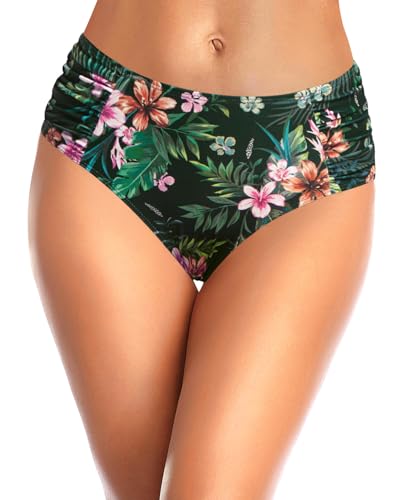 Image of Women Bikini Bottoms Mid Waist Bathing Suit Swimsuit Ruched Swim Bottom | Full Coverage, Full Lining, Shirred, Mid Rise, Tummy Control