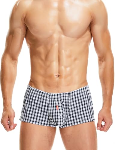 Panegy Men's Plaid Striped Pajama Shorts Low Rise Boxer Briefs Bulge Pouch Button Front Sleep Bottom