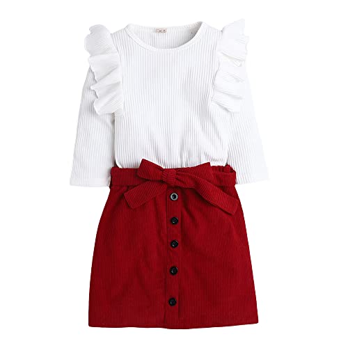 Image of Hopscotch Girls Cotton and Spandex Solid Ruffled 3 /4th Sleeves Top And Skirt Set in White Color