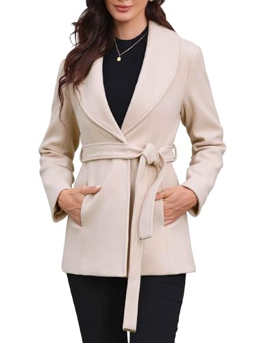 Image of Allegra K Pea Coats for Women Lapel Collar One Button Overcoat with Belt Winter Coat Medium Beige