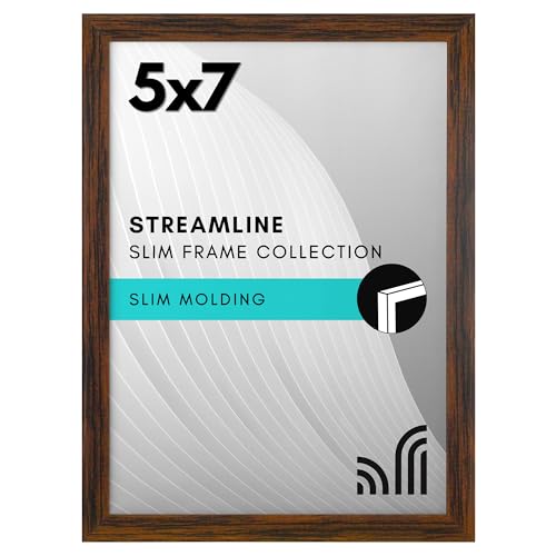 Americanflat 5x7 Picture Frame with Shatter-Resistant Glass - Streamline Collection - Thin Border Photo Frame for Tabletop and Wall Display - Hanging Hardware and Easel Stand Included - Walnut