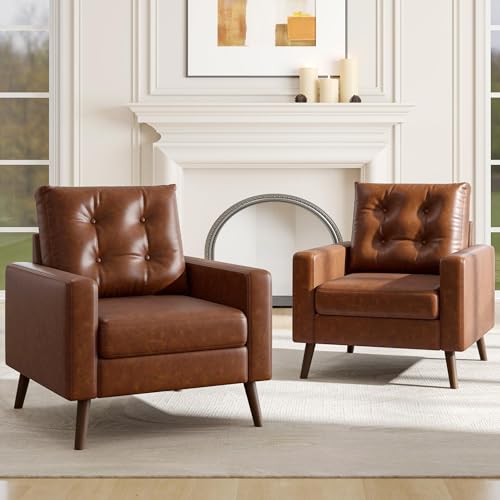 HNY Set of 2 Mid Century Modern Armchair, Button Tufted Faux Leather Accent Chair with Arm, Upholstered Club Chair for Living Room, Bedroom, Rubber Wood Legs, Caramel, 29.1D x 32.3W x 33.1H Inch