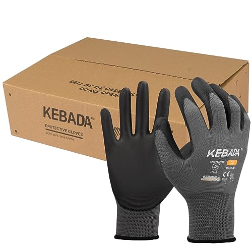 Kebada W1 Work Gloves for Men and Women, Touchscreen PU Coated Gloves with Grip, 50 Pairs Bulk Pack, Ideal for Warehouse Package Handling, Construction, Gardening, Gray Small