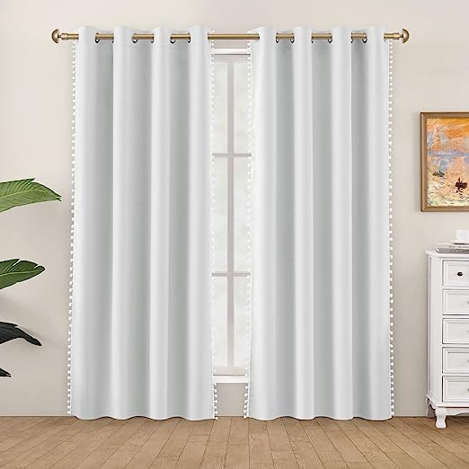 Image of Amazon Brand - Umi Velvet Eyelet Door Curtains with pom pom Lace for Living Room Bedroom Kitchen 1 pc Pack in White Color (Door - 4 feet x 7 feet) | Solid