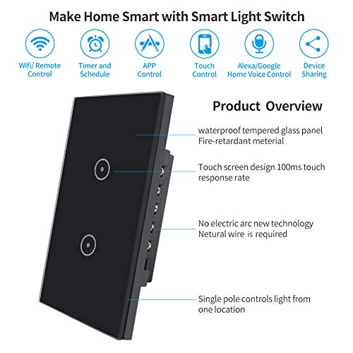 Jinvoo Wifi Smart Wall Light Switch, Glass Panel, Smartphone Remote Control, 2.4Ghz Wi-Fi Touch Switch, Alexa, Google Assistant Compatible, Neutral Wire Required, Etl Certification #TOP1