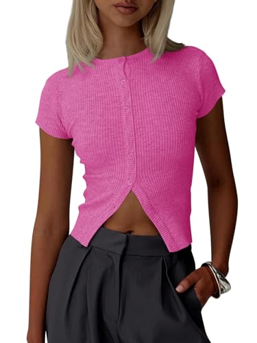 Image of Imily Bela Womens Short Sleeve Sweater Tops Summer Button Down Casual Ribbed Knit Slim Fit Cropped Cardigan Shirts
