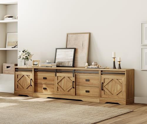Image of WAMPAT 98.5 inch Wide Large Farmhouse TV Stand w /Drawers & Storage Cabinet